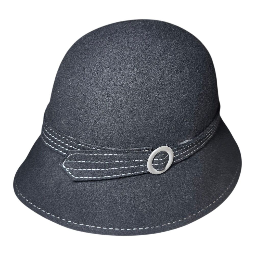 Women’s 100% Wool Bucket Hat Black Soot One Size Sewn Band Buckle Detail
